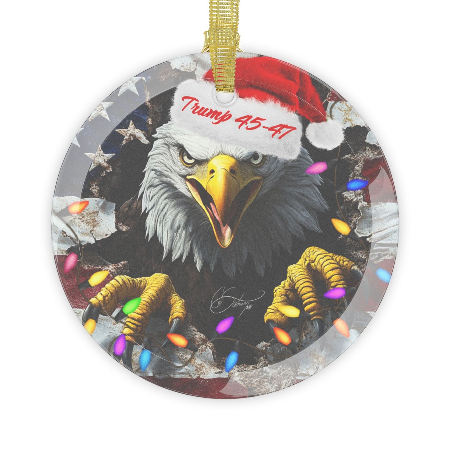 Trump 45-47 eagle and Christmas lights Glass Ornaments