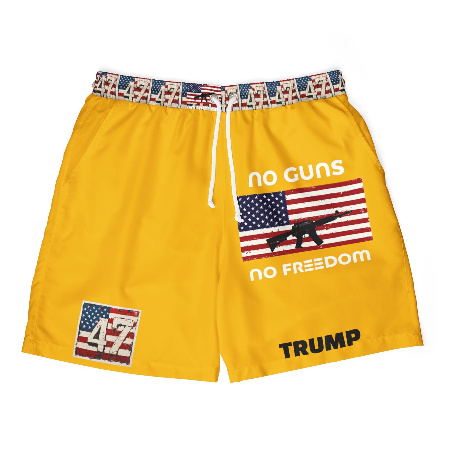 Patriotic Unisex Swim Shorts - Bold Yellow with Trump and American Flag Design