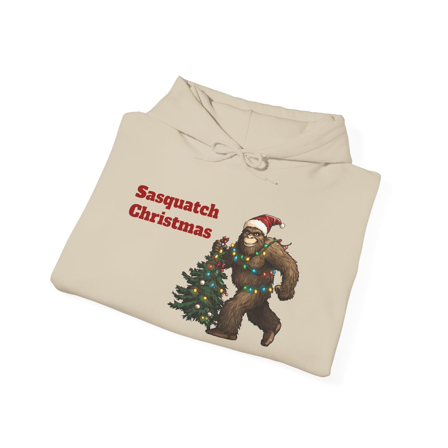 Sasquatch Christmas Hoodie — Holiday Bigfoot Sweater with Tree & Santa Hat