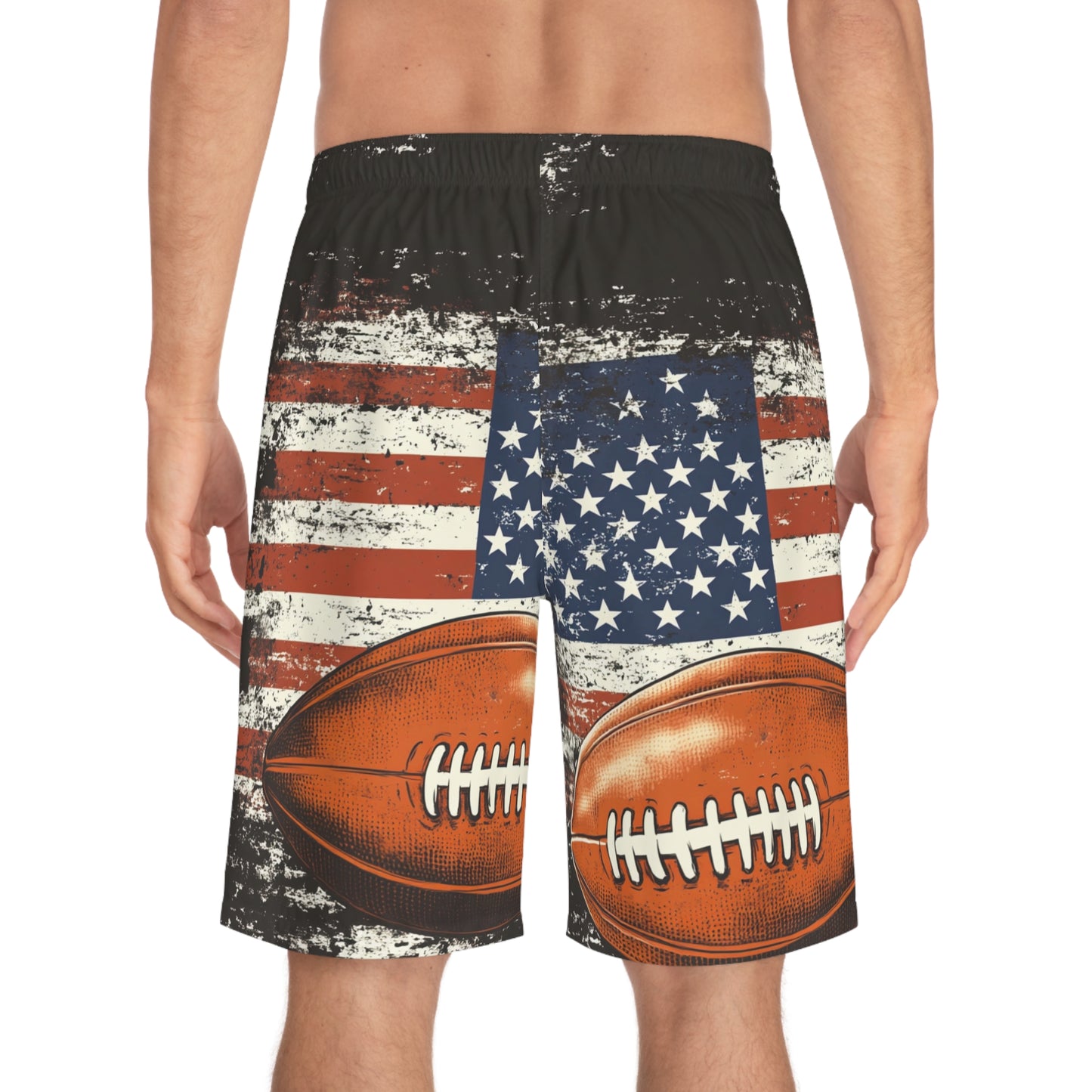Patriotic Football Men's Board Shorts - USA Flag Design
