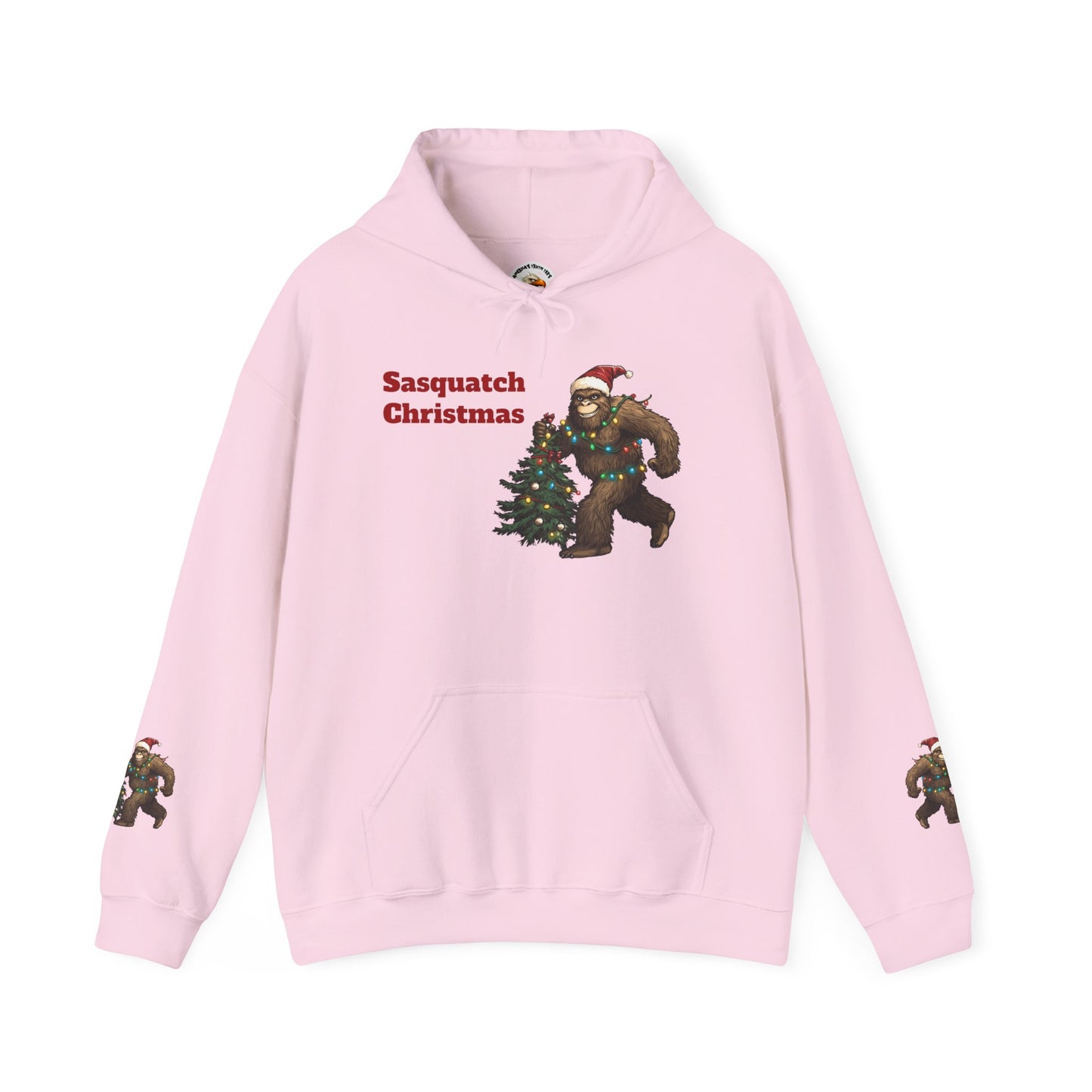 Sasquatch Christmas Hoodie — Holiday Bigfoot Sweater with Tree & Santa Hat