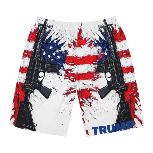 Patriotic Men's Board Shorts - American Flag & Gun Design