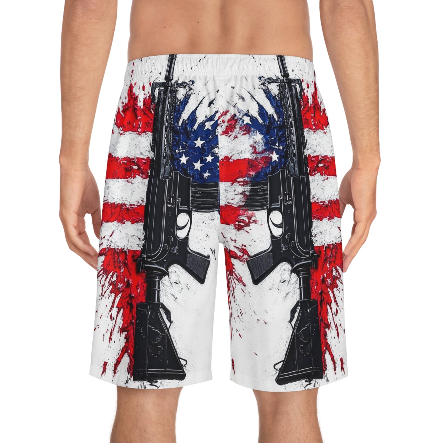 Patriotic Men's Board Shorts - American Flag & Gun Design