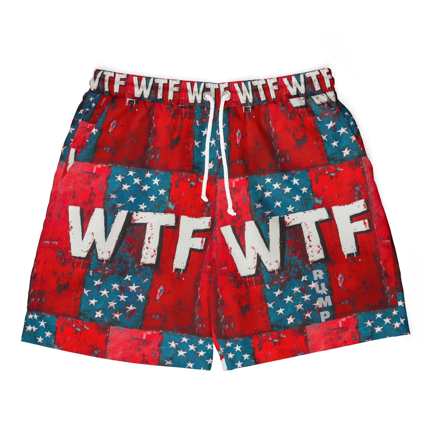 Patriotic Swim Shorts with 'WTF' Design | Unisex Red & Blue Beachwear