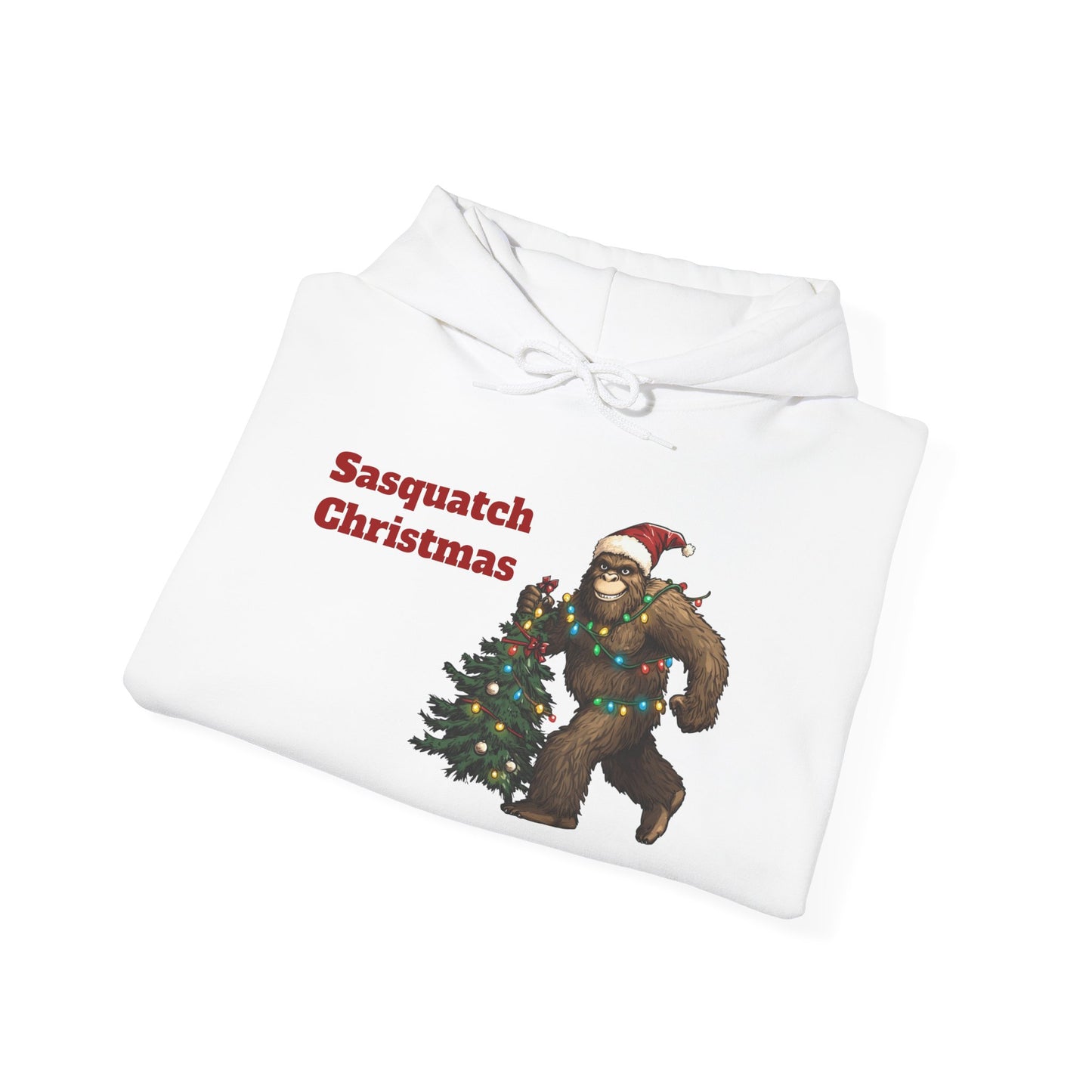 Sasquatch Christmas Hoodie — Holiday Bigfoot Sweater with Tree & Santa Hat