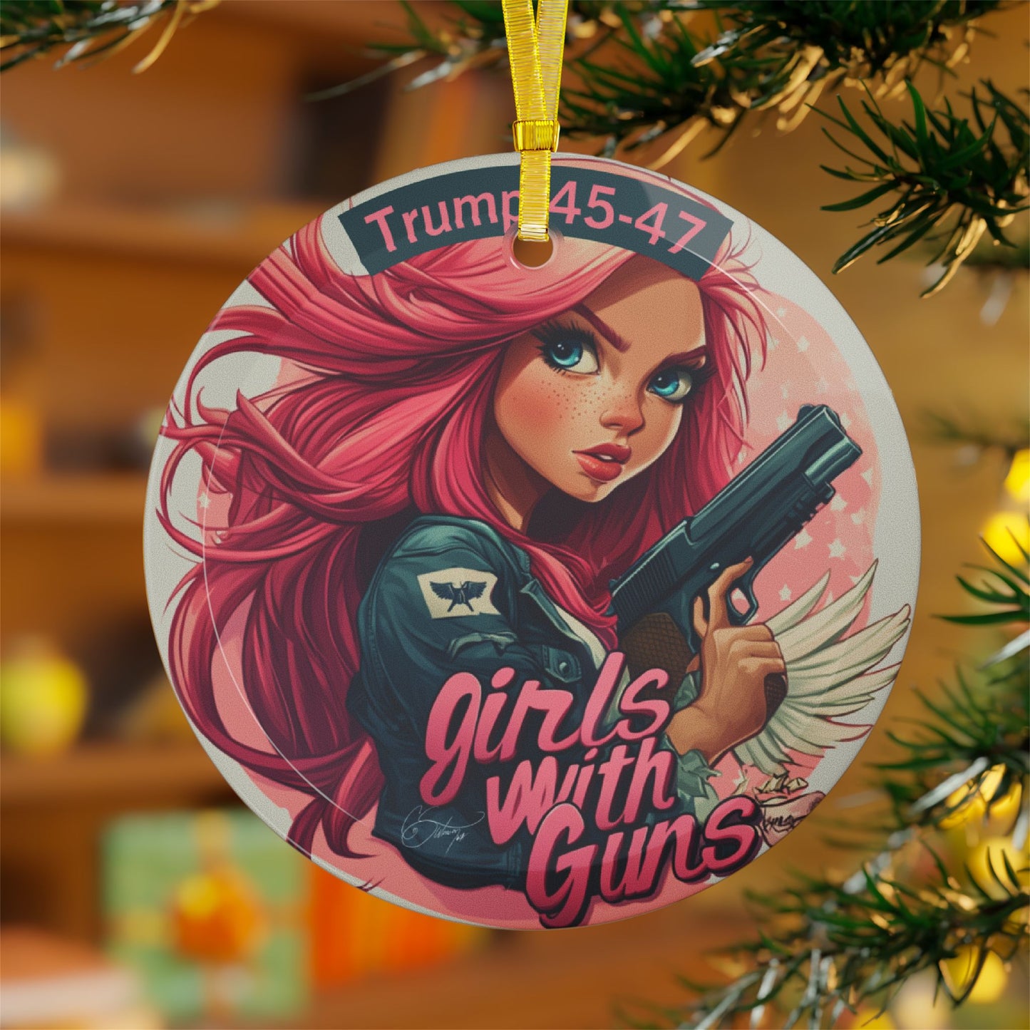 Girls with guns Trump Glass Ornaments