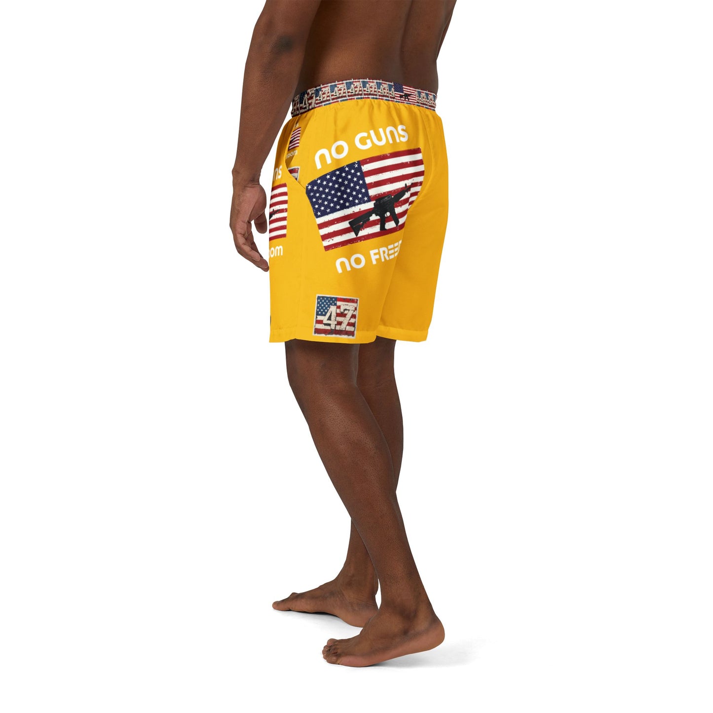 Patriotic Unisex Swim Shorts - Bold Yellow with Trump and American Flag Design