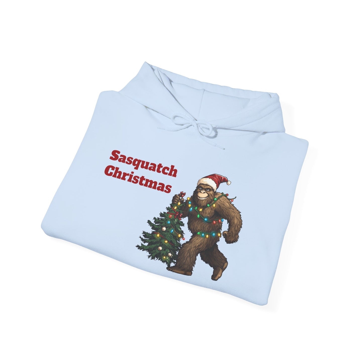 Sasquatch Christmas Hoodie — Holiday Bigfoot Sweater with Tree & Santa Hat