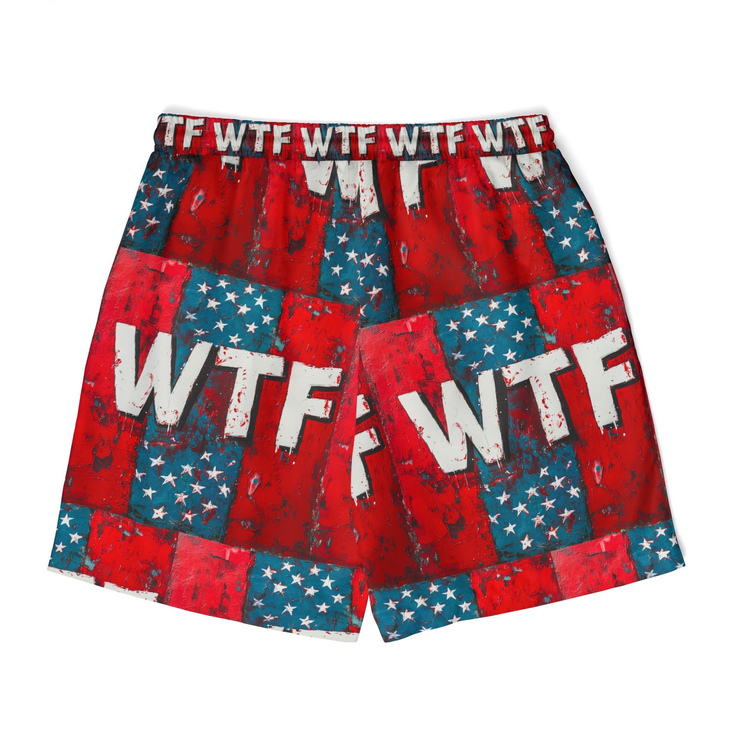 Patriotic Swim Shorts with 'WTF' Design | Unisex Red & Blue Beachwear