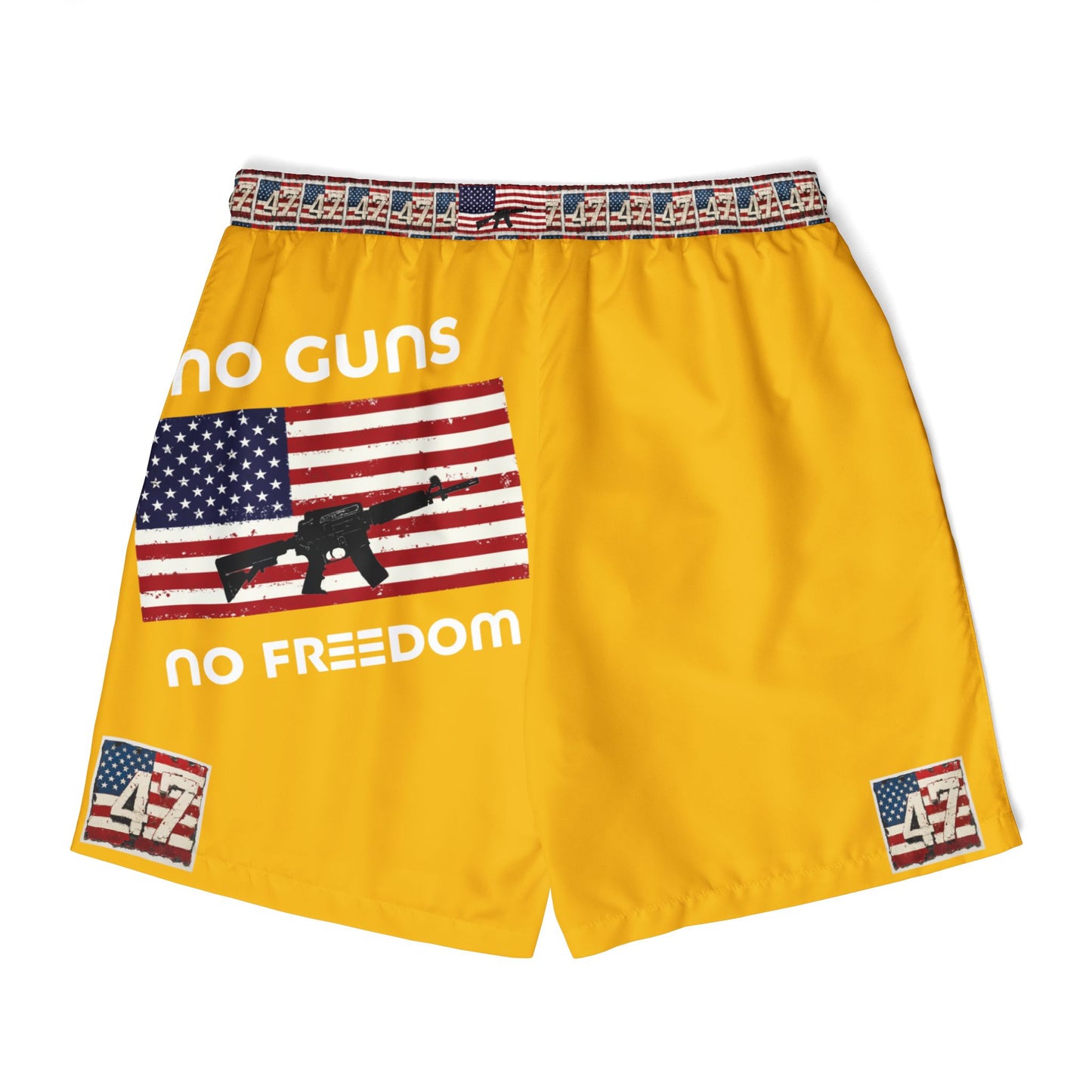 Patriotic Unisex Swim Shorts - Bold Yellow with Trump and American Flag Design