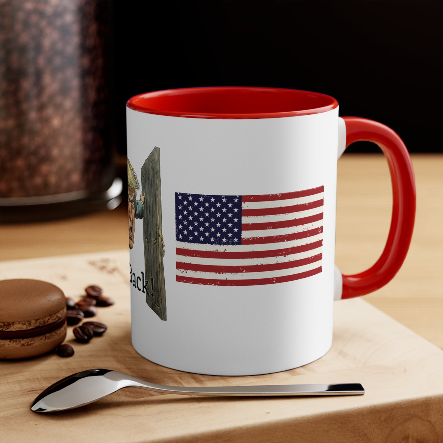 Political Accent Mug - "I’m Back!" Trump Mug with Red Handle | 11oz Coffee Cup for Political Enthusiasts