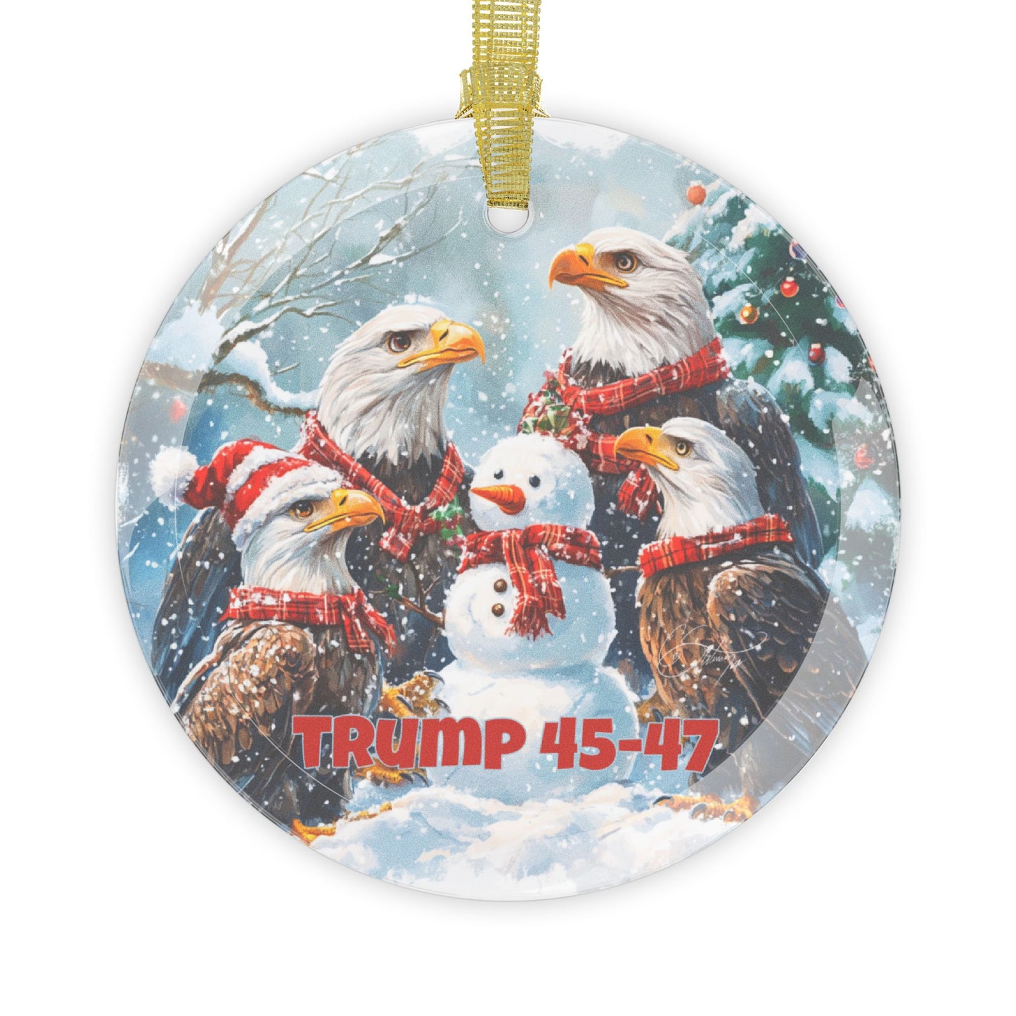 Trump 45-47 eagles and snowman Glass Ornaments