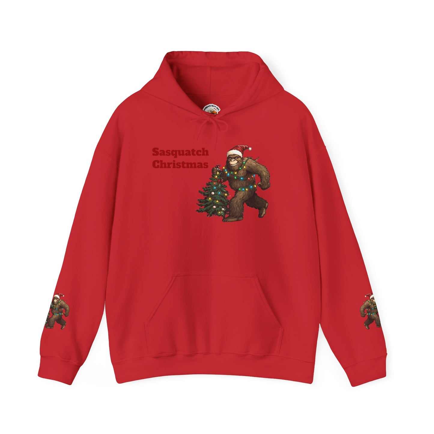 Sasquatch Christmas Hoodie — Holiday Bigfoot Sweater with Tree & Santa Hat