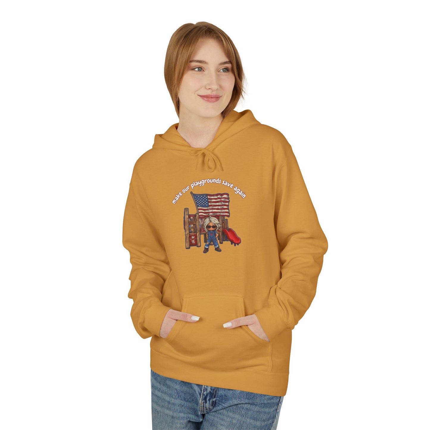 Make playgrounds safe again, trump print, Unisex Midweight Softstyle Fleece Hoodie