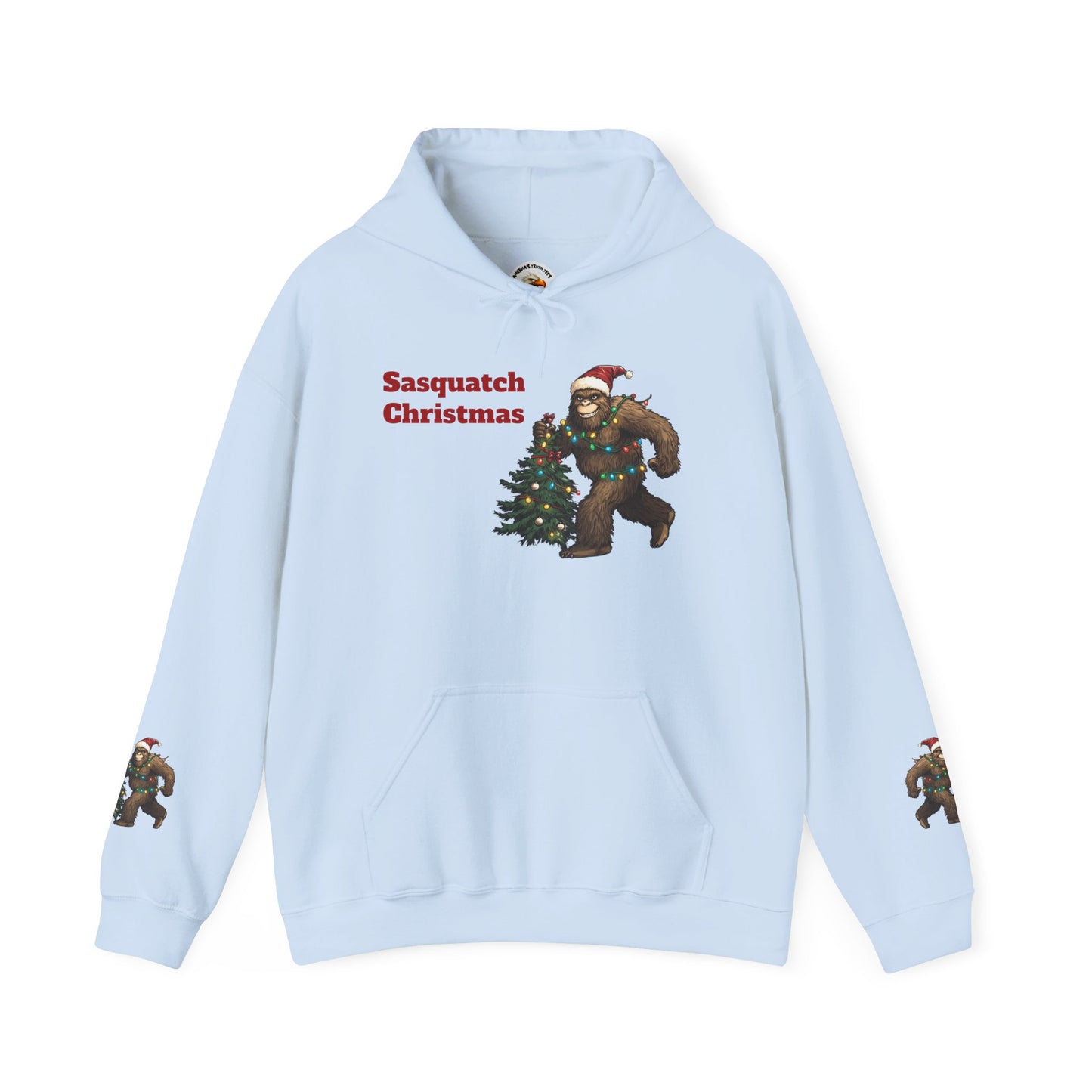 Sasquatch Christmas Hoodie — Holiday Bigfoot Sweater with Tree & Santa Hat