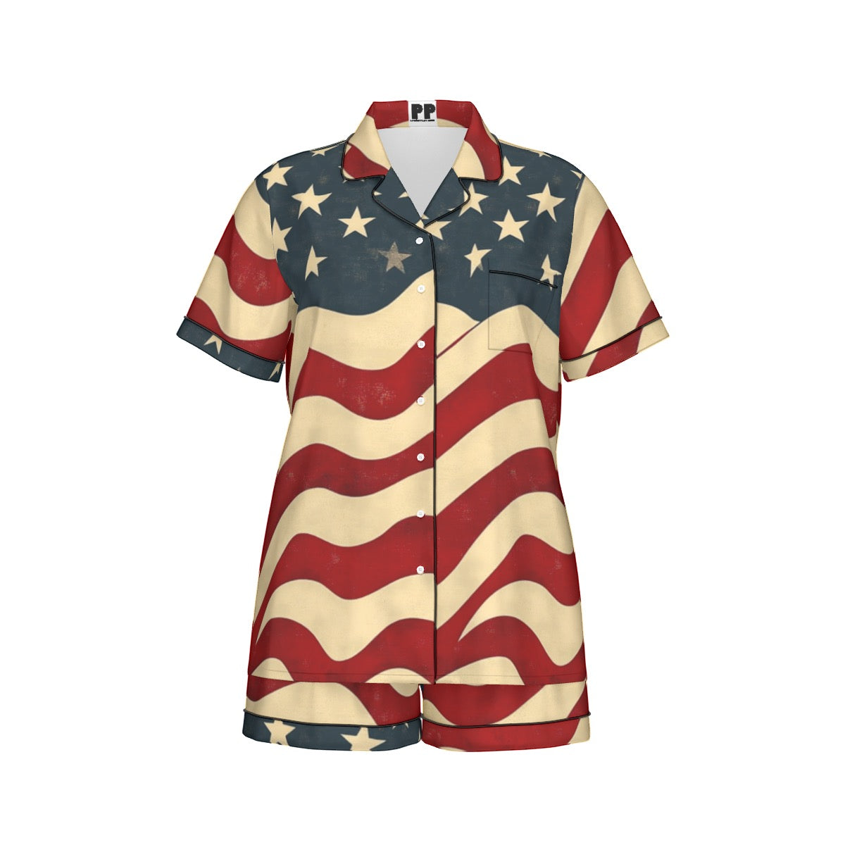 Usa flag, Print Women's Imitation Silk Pajama Set With Short Sleeve