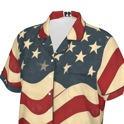 Usa flag, Print Women's Imitation Silk Pajama Set With Short Sleeve