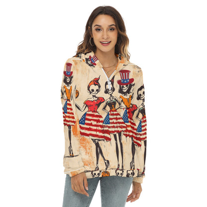 Usa Halloween 1, Print Women's Borg Fleece Hoodie With Half Zip