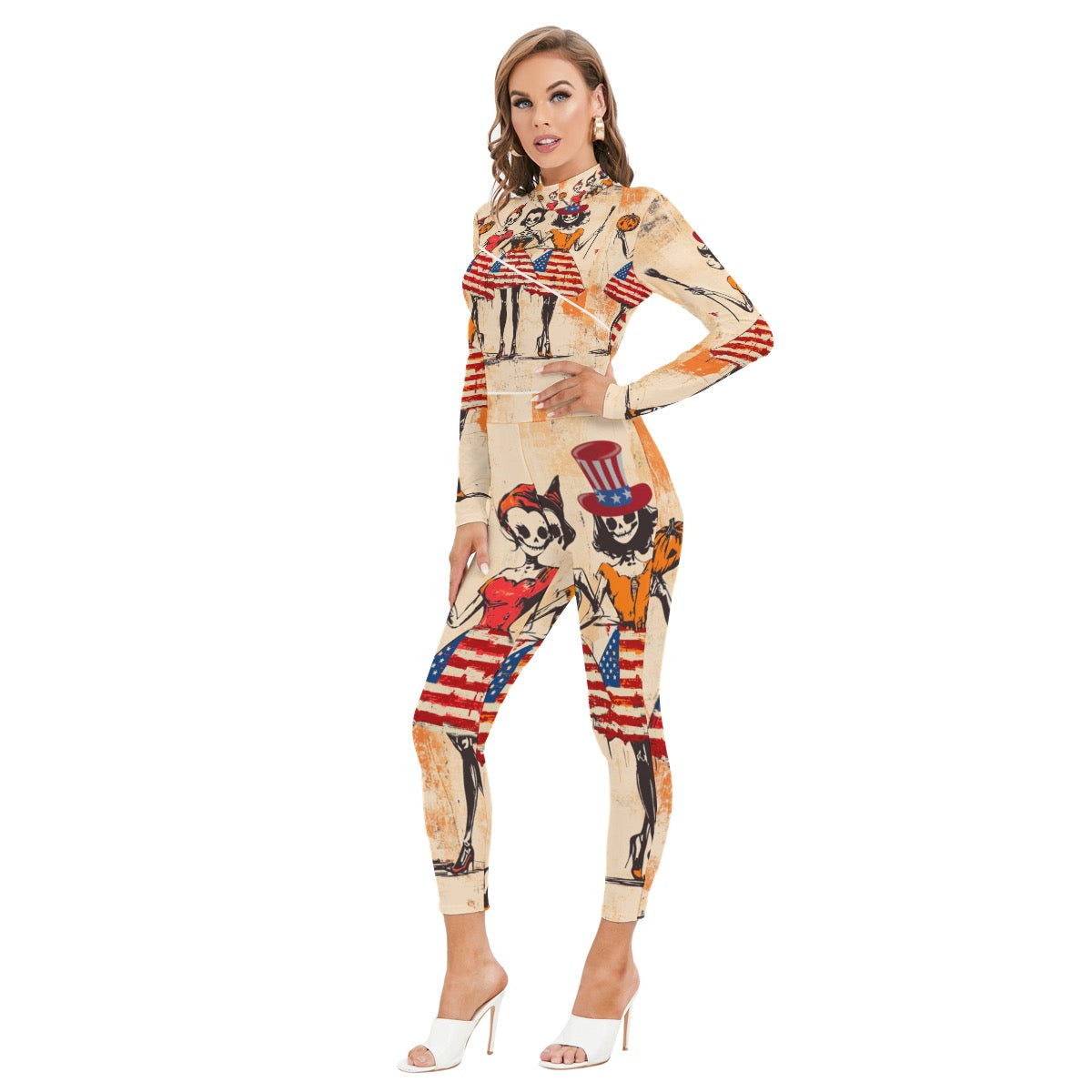 USA Halloween 1, Print Women's Long-sleeved High-neck Jumpsuit With Zipper