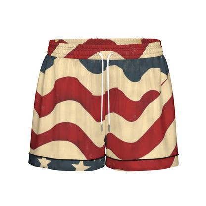Usa flag, Print Women's Imitation Silk Pajama Set With Short Sleeve