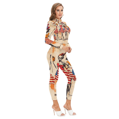 USA Halloween 1, Print Women's Long-sleeved High-neck Jumpsuit With Zipper