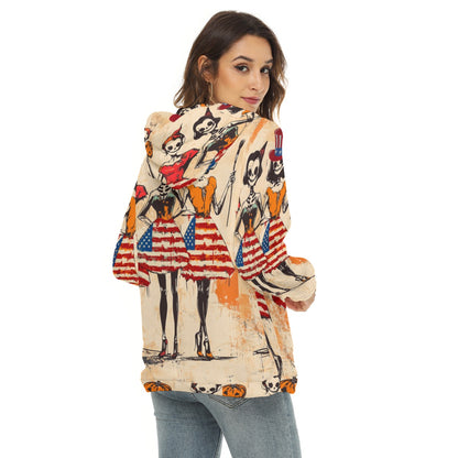 Usa Halloween 1, Print Women's Borg Fleece Hoodie With Half Zip