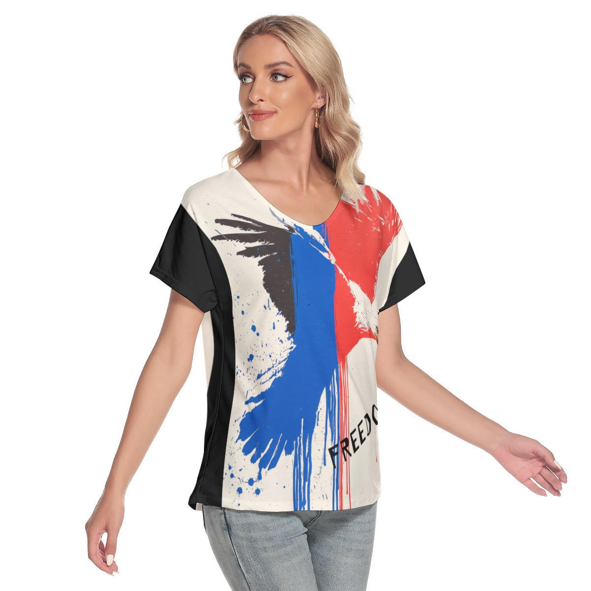 Freedom, Print Women's Loose V-neck Short Sleeve T-shirt