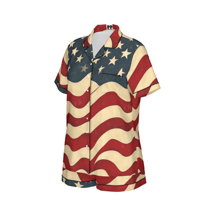 Usa flag, Print Women's Imitation Silk Pajama Set With Short Sleeve