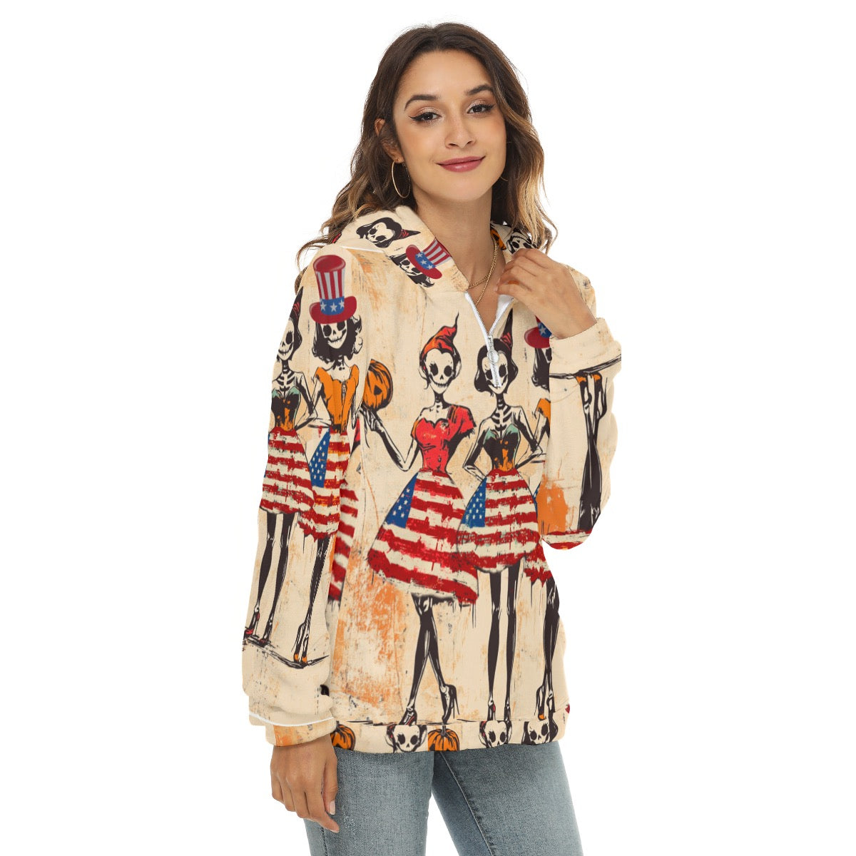 Usa Halloween 1, Print Women's Borg Fleece Hoodie With Half Zip
