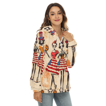 Usa Halloween 1, Print Women's Borg Fleece Hoodie With Half Zip