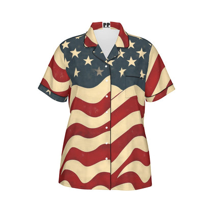 Usa flag, Print Women's Imitation Silk Pajama Set With Short Sleeve