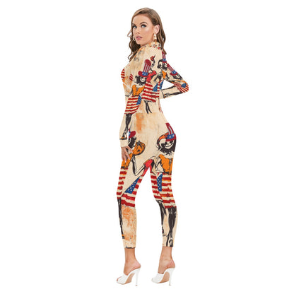 USA Halloween 1, Print Women's Long-sleeved High-neck Jumpsuit With Zipper