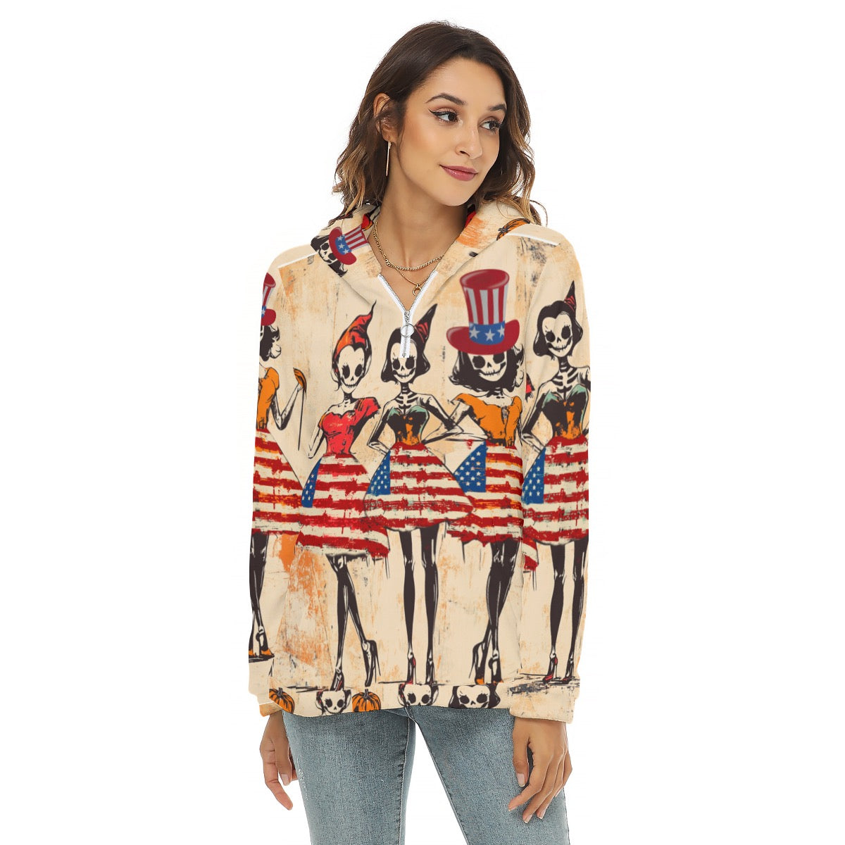 Usa Halloween 1, Print Women's Borg Fleece Hoodie With Half Zip