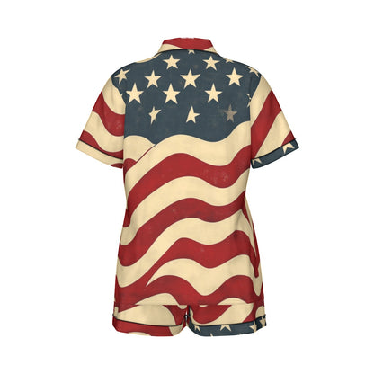 Usa flag, Print Women's Imitation Silk Pajama Set With Short Sleeve