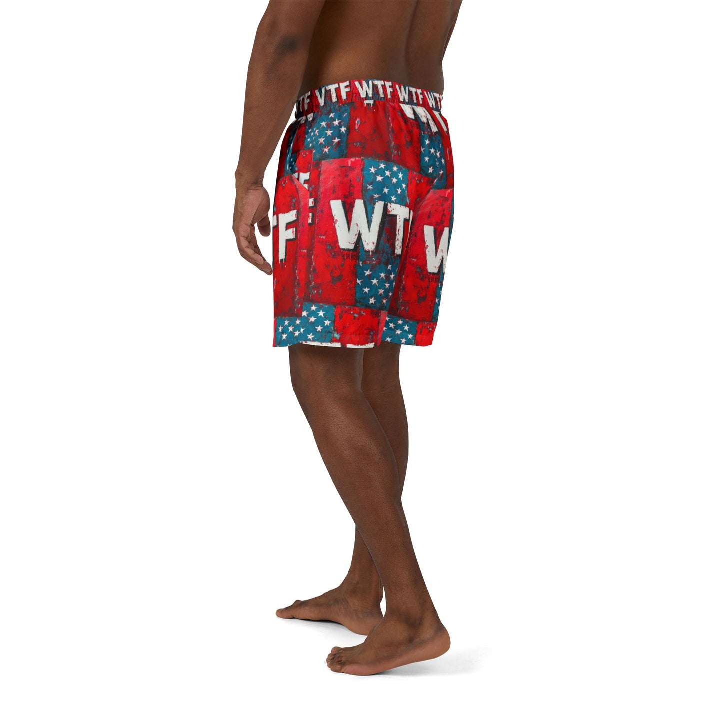 Patriotic Swim Shorts with 'WTF' Design | Unisex Red & Blue Beachwear