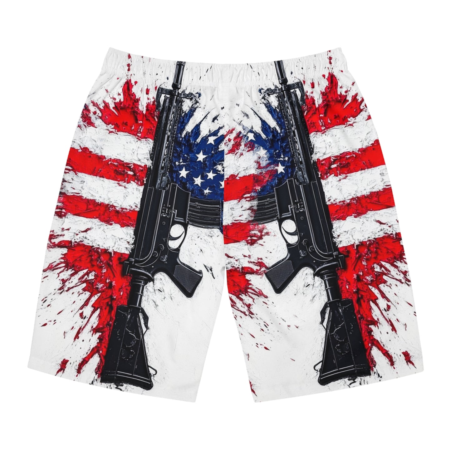 Patriotic Men's Board Shorts - American Flag & Gun Design