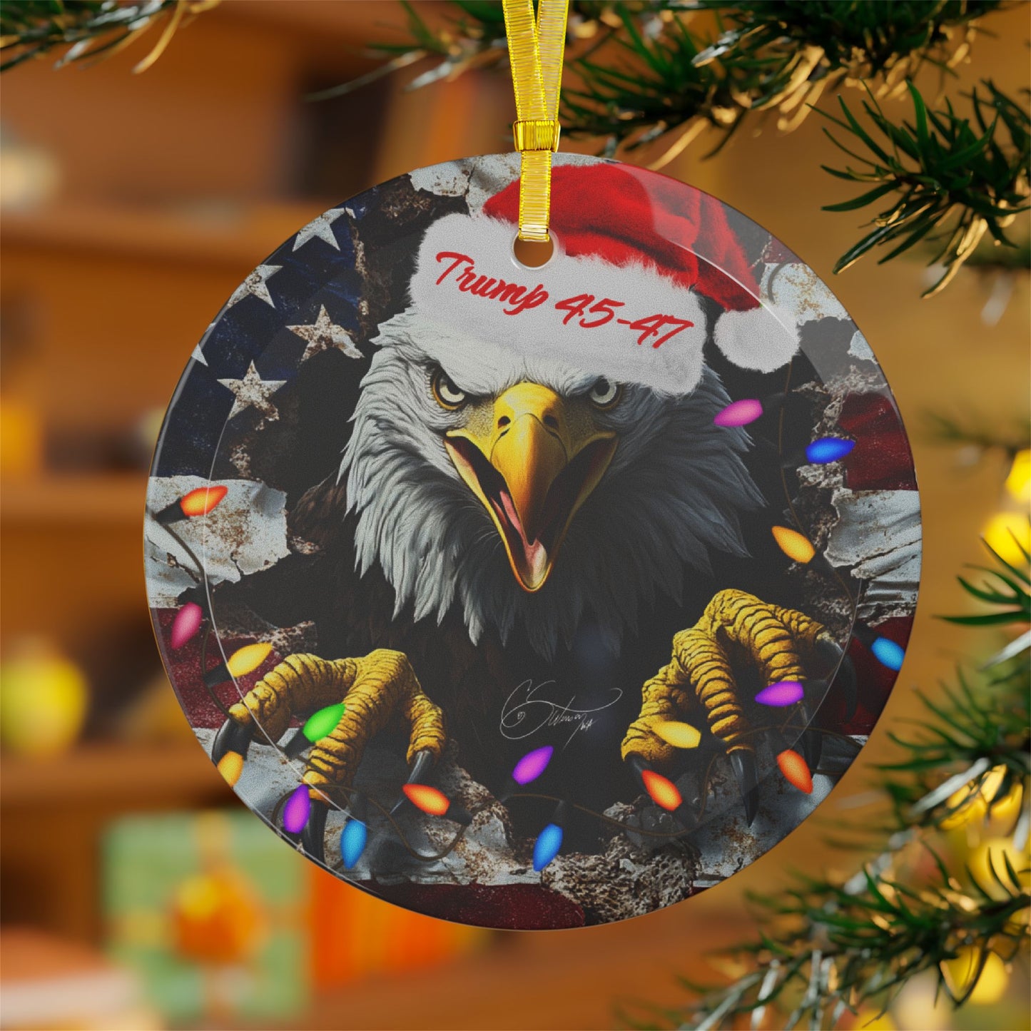 Trump 45-47 eagle and Christmas lights Glass Ornaments