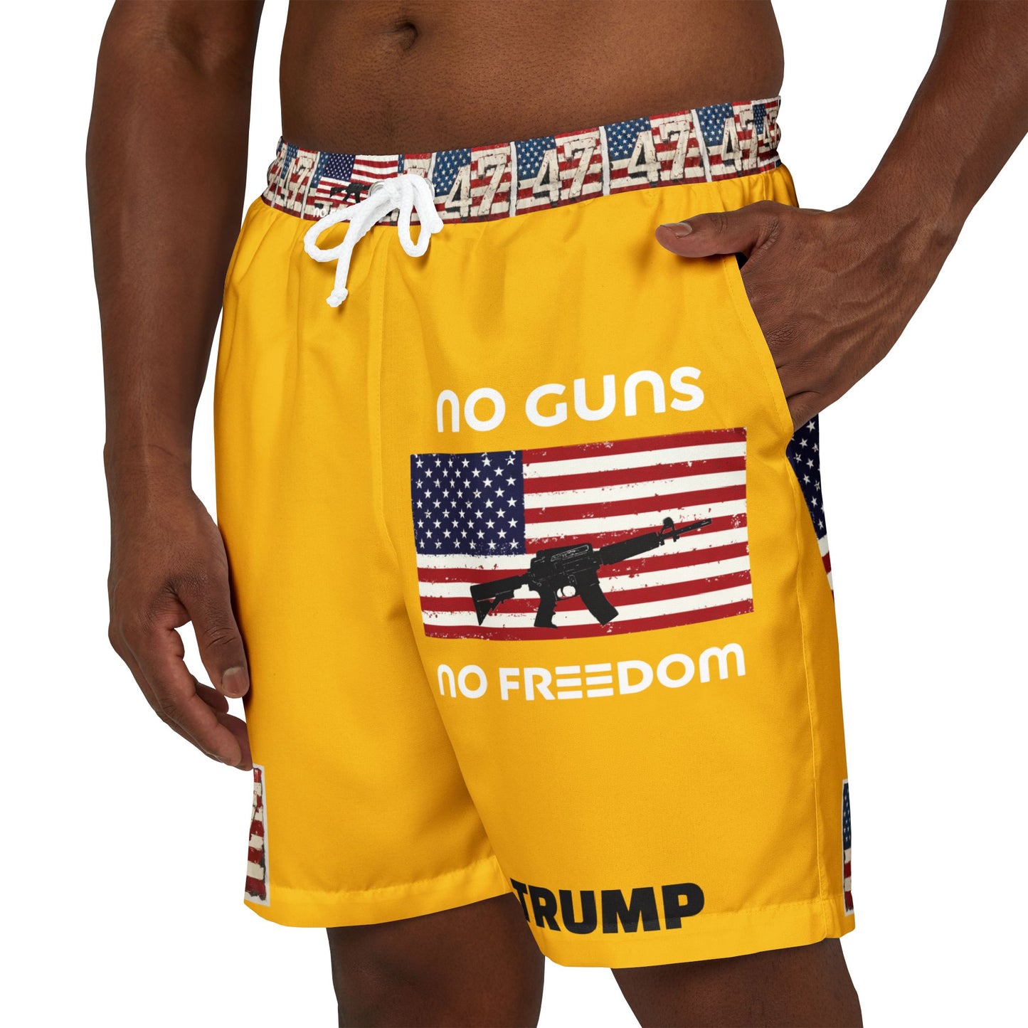 Patriotic Unisex Swim Shorts - Bold Yellow with Trump and American Flag Design