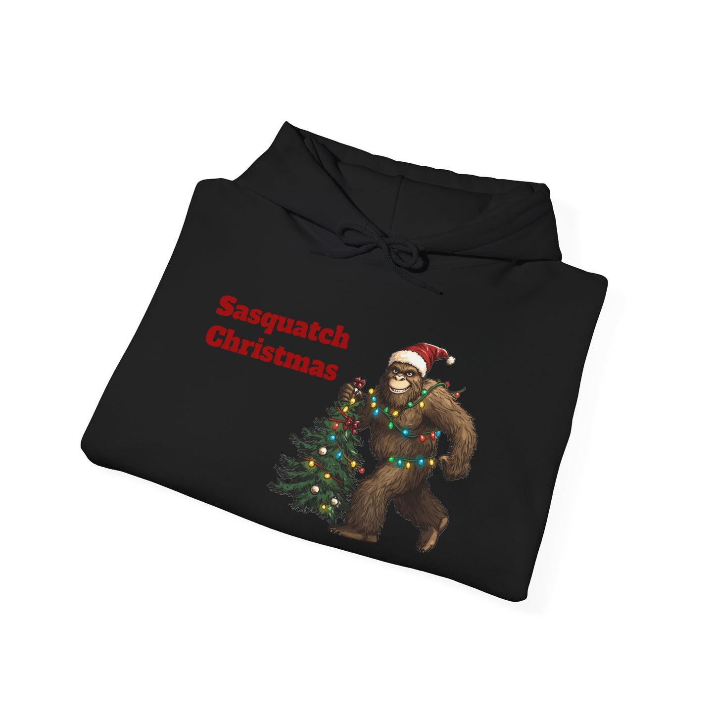 Sasquatch Christmas Hoodie — Holiday Bigfoot Sweater with Tree & Santa Hat