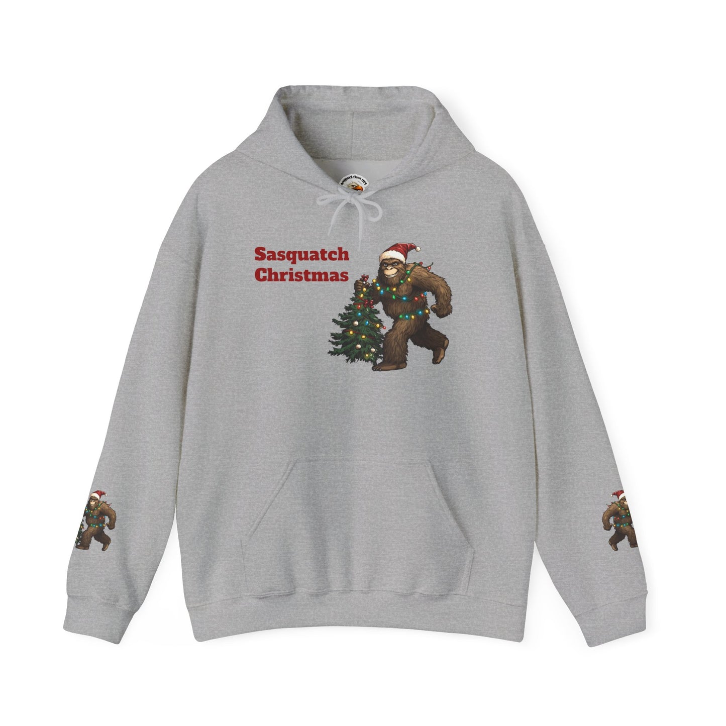 Sasquatch Christmas Hoodie — Holiday Bigfoot Sweater with Tree & Santa Hat