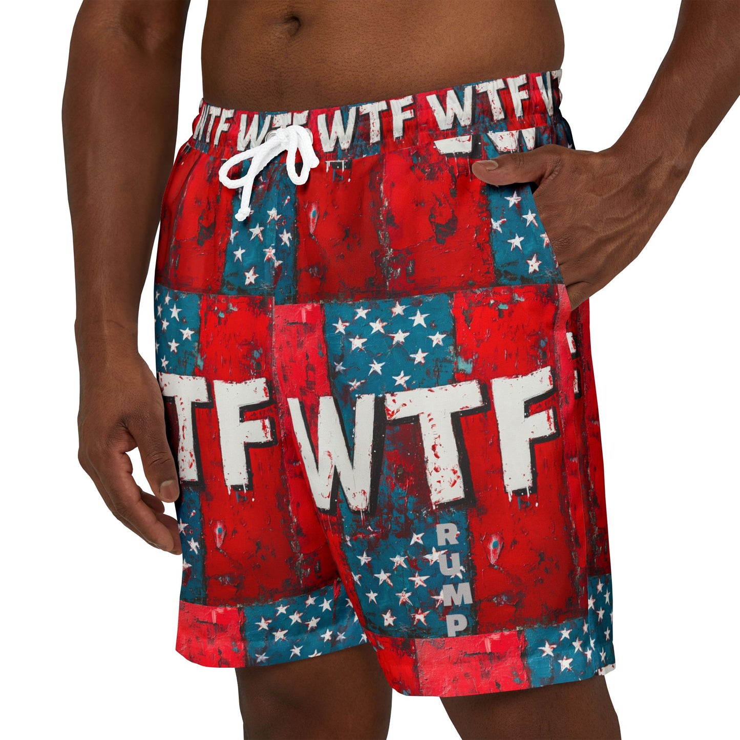 Patriotic Swim Shorts with 'WTF' Design | Unisex Red & Blue Beachwear