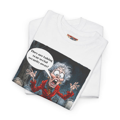 Humorous graveyard scene with screaming lady taking your Social Security away print Unisex Heavy Cotton Tee
