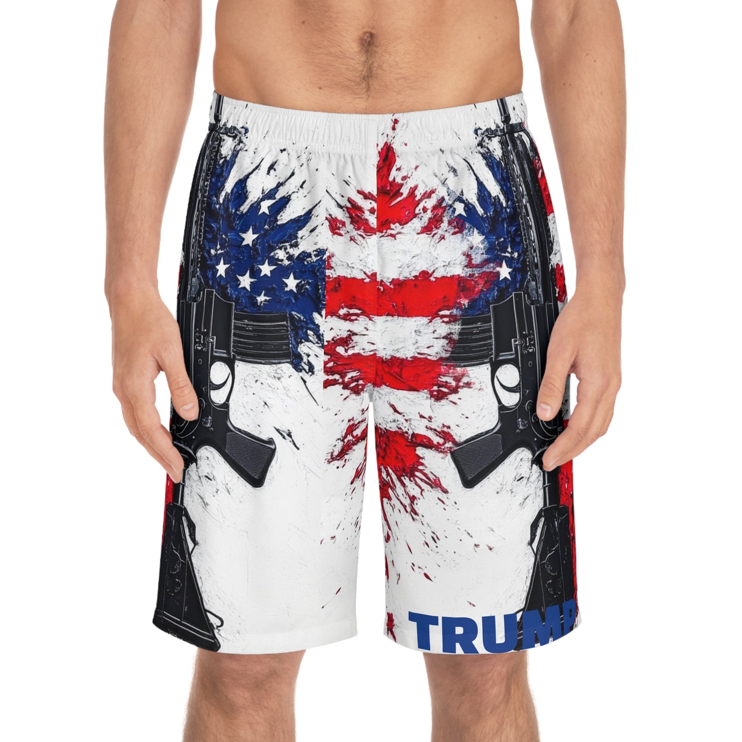 Patriotic Men's Board Shorts - American Flag & Gun Design