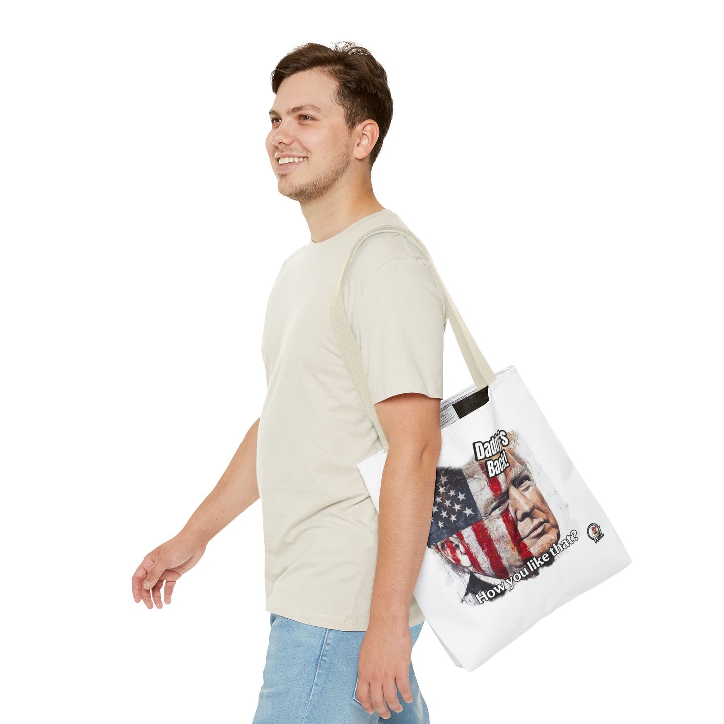 Patriotic trump, daddy’s back, how you like that print, Tote Bag (AOP)