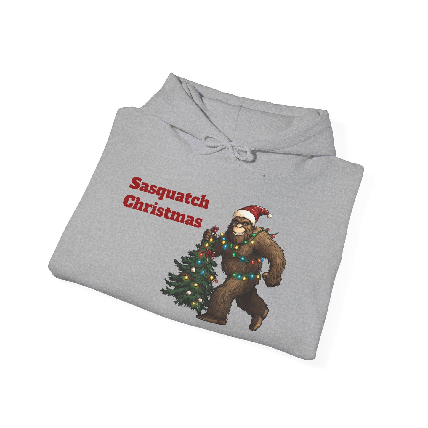 Sasquatch Christmas Hoodie — Holiday Bigfoot Sweater with Tree & Santa Hat