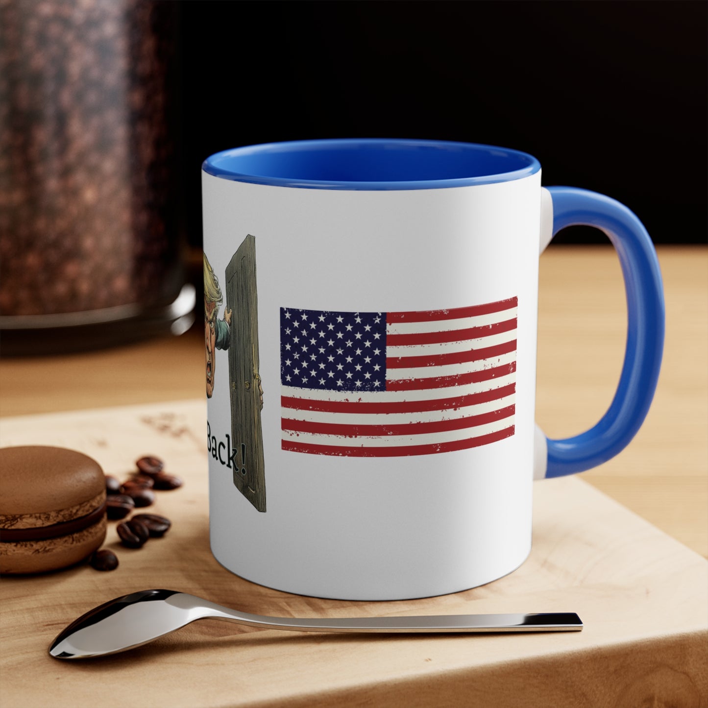 Political Accent Mug - "I’m Back!" Trump Mug with Red Handle | 11oz Coffee Cup for Political Enthusiasts