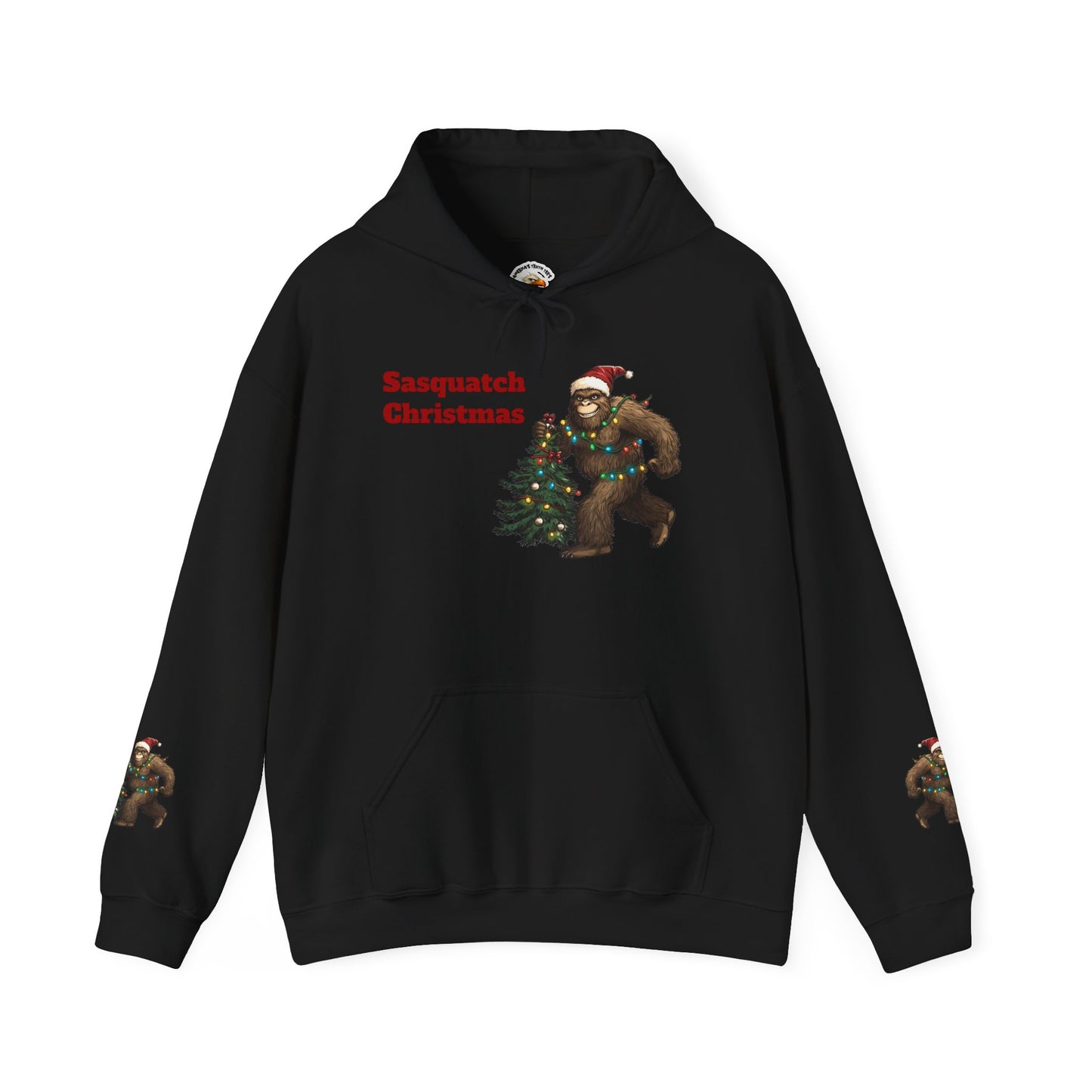 Sasquatch Christmas Hoodie — Holiday Bigfoot Sweater with Tree & Santa Hat