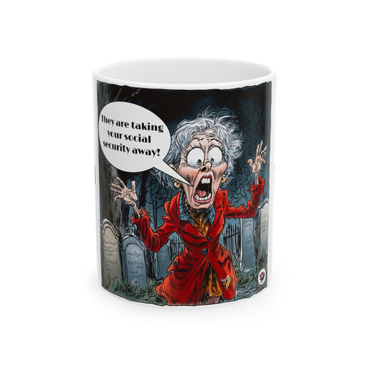 Patriotic cartoon Social Security take away print Ceramic Mug, (11oz, 15oz)